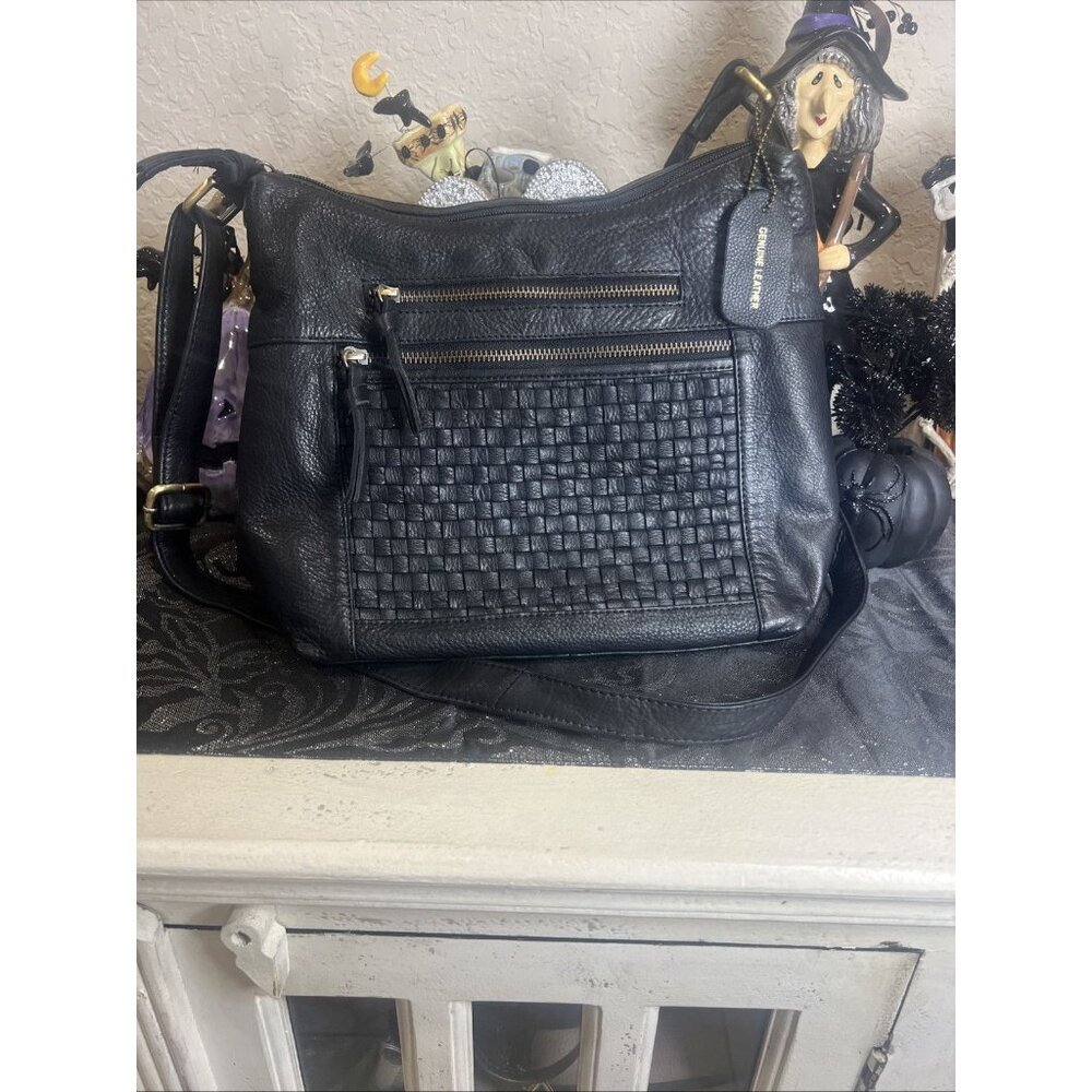 Great American Leather Works Black Weave Leather Purse Crossbody or Shoulder Bag